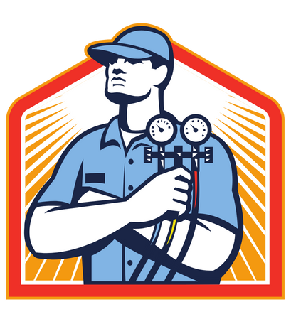 a man in a blue uniform holding an AC pressure gauge.