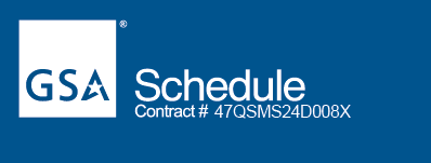 Blue graphic with the GSA logo on the left and the text "Schedule Contract # 47QSMS24D008X" alongside an AC icon on the right.