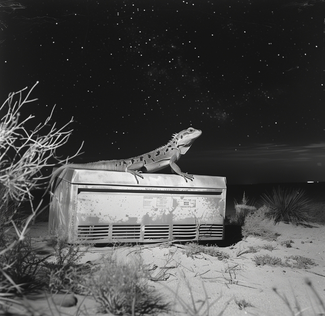 A lizard sits on an old, dusty electronic device in a desert landscape at night, with a star-filled sky in the background.