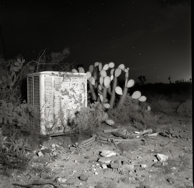 A weathered air conditioning unit sits amidst desert plants and cacti under a starry night sky. Rubble and debris are scattered on the ground.