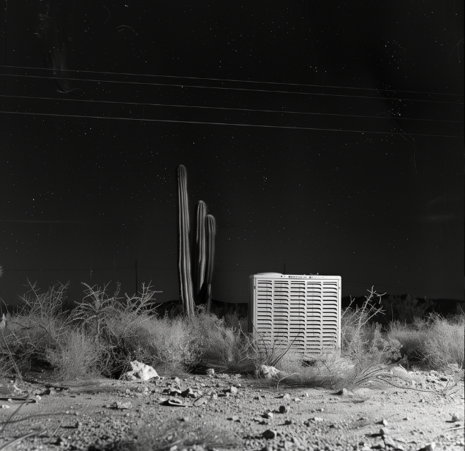 A large air conditioning unit stands in a desert landscape with sparse vegetation and a tall cactus, under a starry night sky. Power lines are visible above.